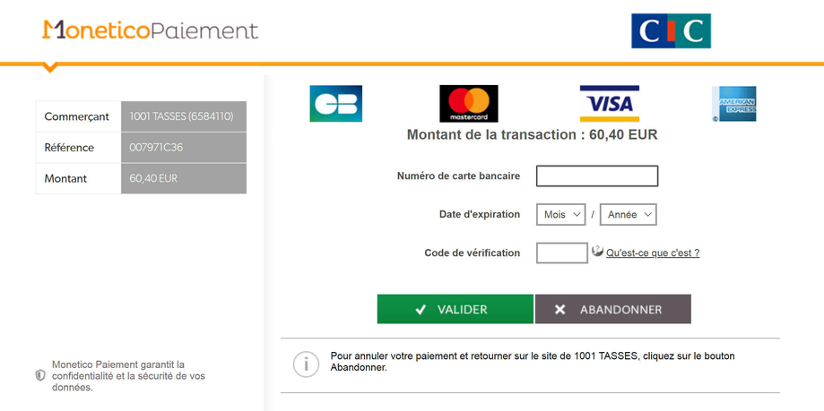 Paiement Sécurisé CIC Monetico 1001 TASSES